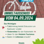 Das Wichtigste aus dem Umweltausschuss vom 04.09.2024 - T.A.G-Antrag belebt Diskussion um Radroute+ wieder 🎉 - Fördermittel für den Radverkehr - Ideen für den Holstein Tourismus - Baden im Lüttensee erlaubt?