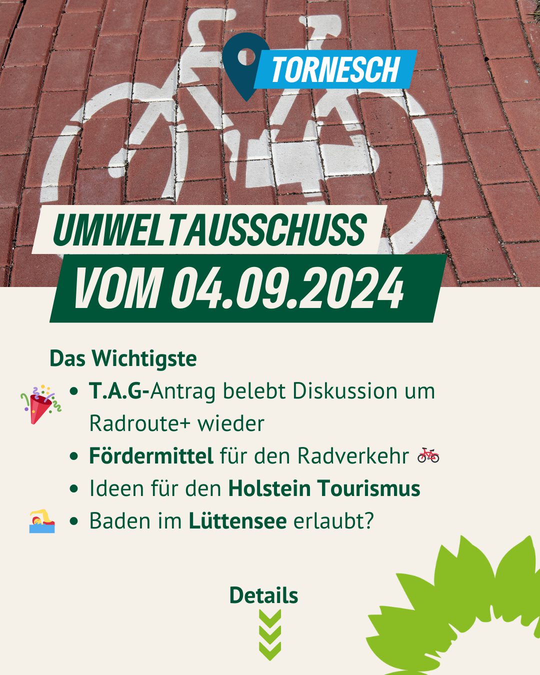 Das Wichtigste aus dem Umweltausschuss vom 04.09.2024 - T.A.G-Antrag belebt Diskussion um Radroute+ wieder 🎉 - Fördermittel für den Radverkehr - Ideen für den Holstein Tourismus - Baden im Lüttensee erlaubt?