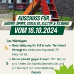 Ausschussnews vom 16.10.2024 vom JSSKB Das Wichtigste Unterstützung für KiTas oder Tierheim? Vertagt bis mehr zum Haushalt 25 bekannt ist. 💰 Keine Gewalt gegen Frauen: Wir stellen uns hinter die Istanbulkonvention und ein Konzept zur Unterstützung. ♀️